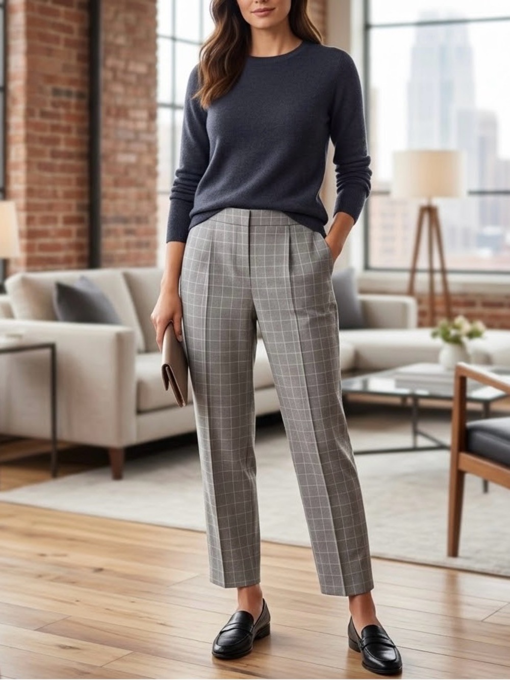 NWT Nine West Grey Lavender Windowpane Plaid Relaxed Crop Pants Size M